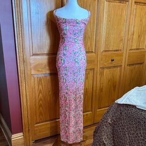 PrettyLittleThing Pink Floral Ribbed Maxi Dress